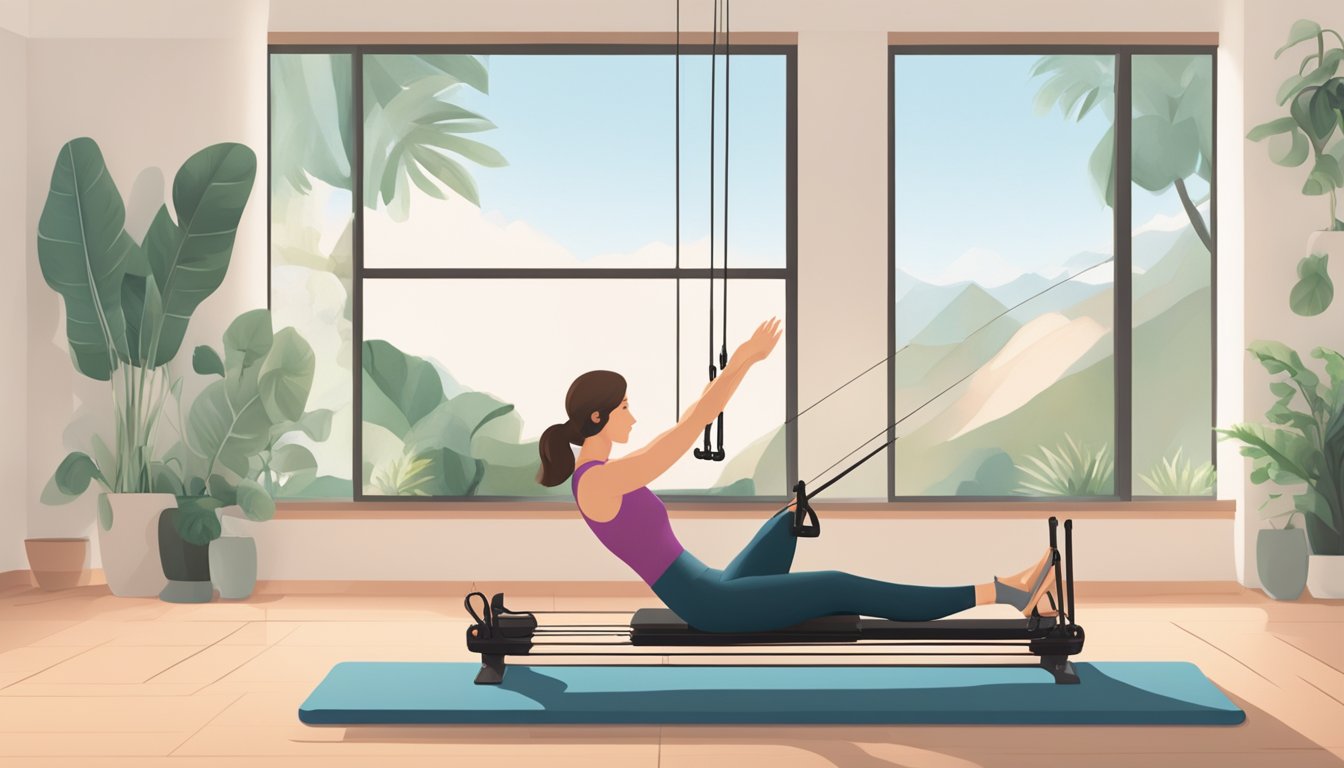 A serene studio with a Pilates reformer, yoga mat, and resistance bands. A person with diabetes practices Pilates, feeling stronger and more balanced