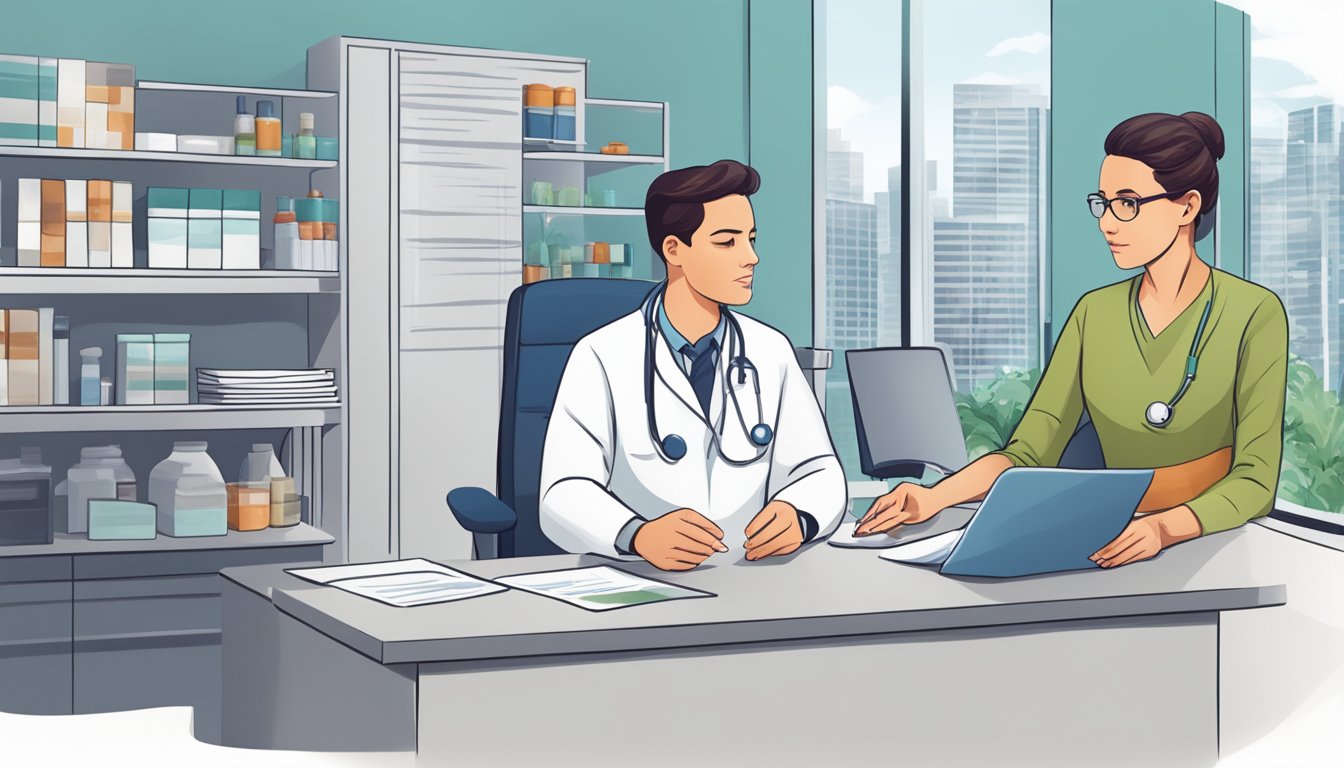 A doctor discussing chronic pain, diabetes, and weight management with a patient in a modern medical office setting