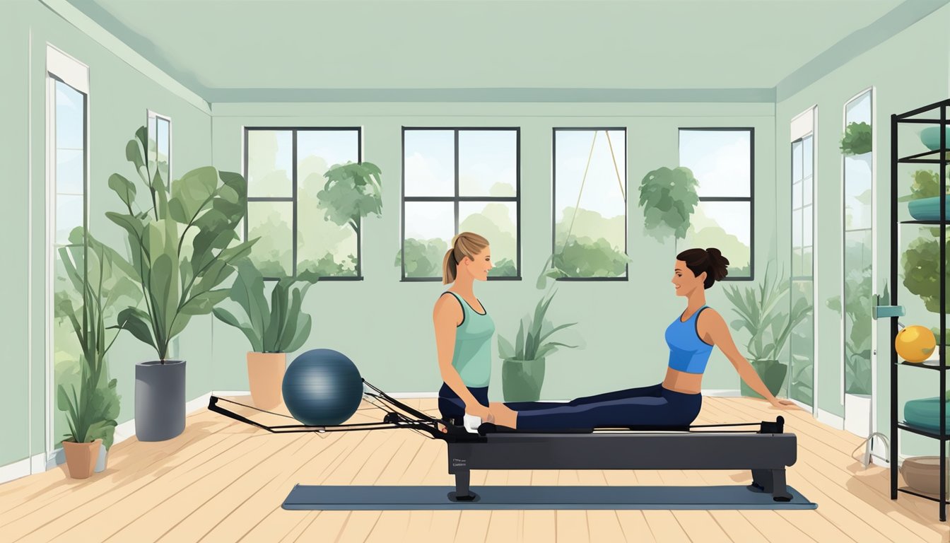 A serene studio with a Pilates reformer, exercise ball, and resistance bands. A dietician and a diabetic client discuss weight loss strategies