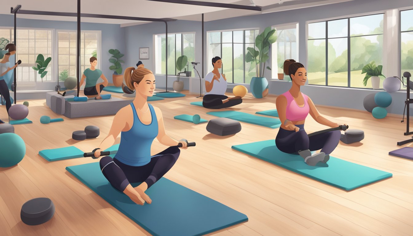 A serene studio with Pilates equipment, a person with diabetes engaging in a workout, surrounded by supportive professionals