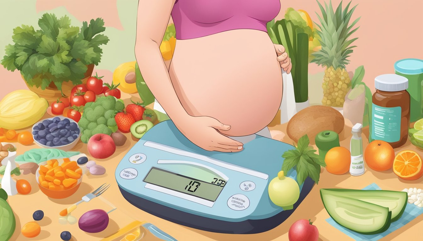 A pregnant woman measures blood sugar levels and steps on a scale, surrounded by prenatal vitamins and healthy food options