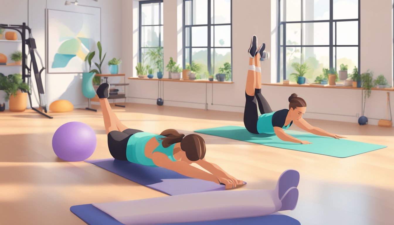 A person with diabetes performs Pilates exercises in a bright, spacious studio, surrounded by exercise equipment and a supportive instructor