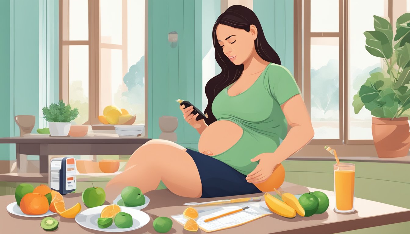 A pregnant woman carefully monitoring her blood sugar levels while maintaining a healthy diet and engaging in regular exercise