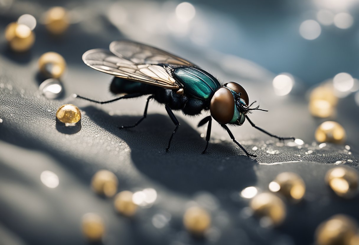 Et nærbilde av en svart flue (Simuliidae) på et blad nær en rennende bekk