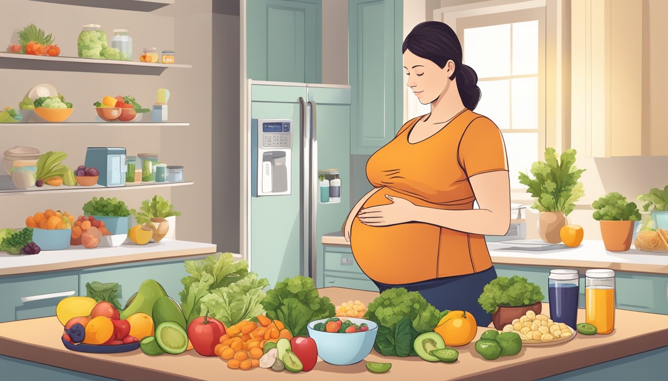 A pregnant woman with diabetes carefully monitoring her diet and exercise routine, surrounded by healthy food options and prenatal vitamins