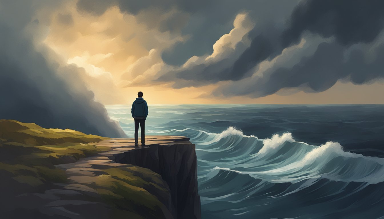 A person standing at the edge of a cliff, looking out at a stormy sea below, with dark clouds overhead but a faint glimmer of sunlight breaking through