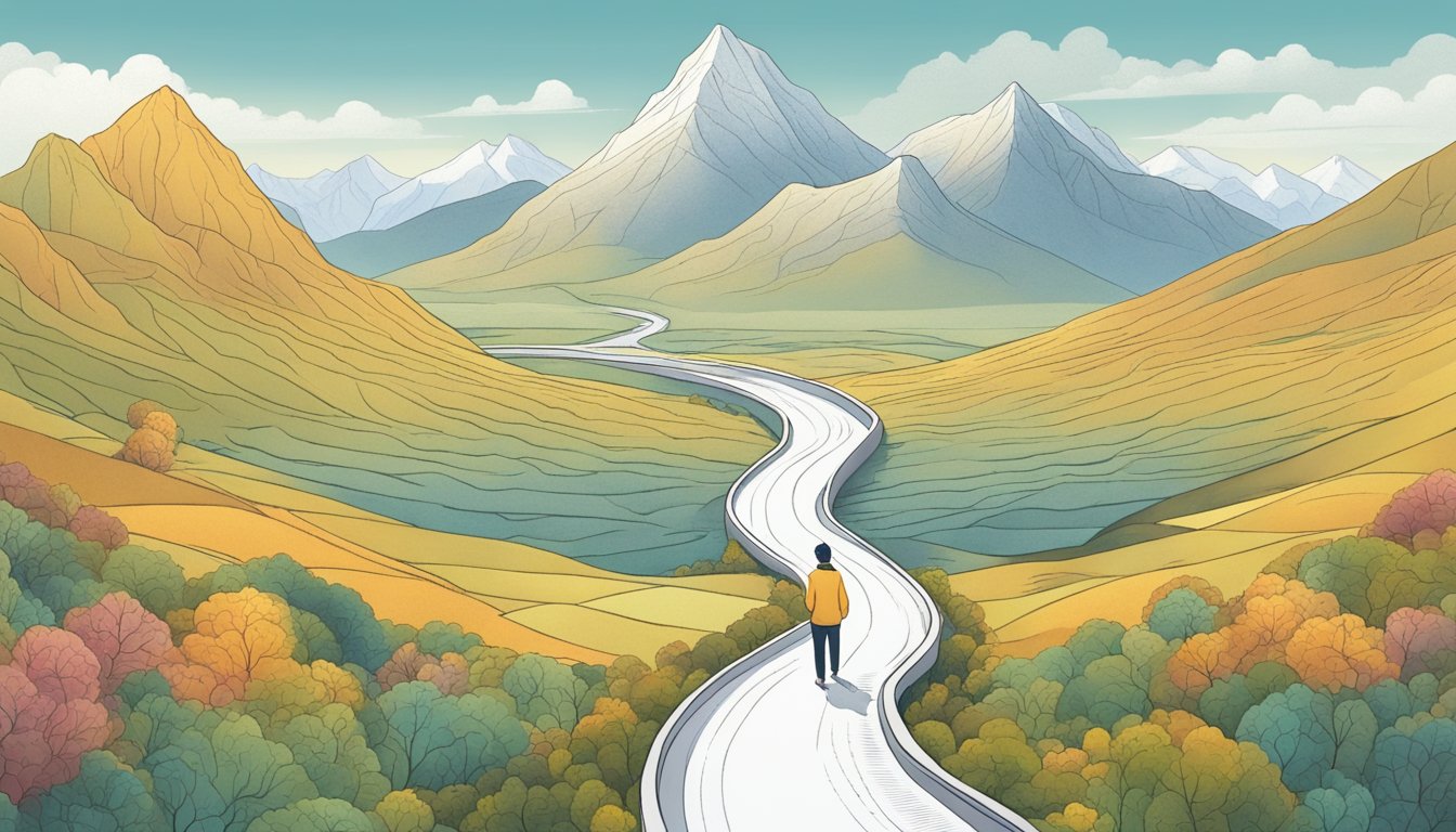 A person standing on a winding path, surrounded by obstacles and milestones, with a mountain in the distance symbolizing the journey of navigating emotional setbacks in their diabetic weight loss journey