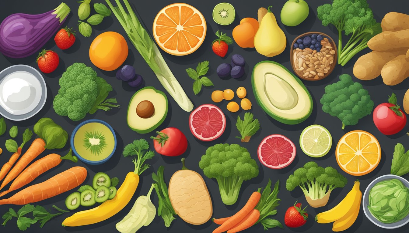 A table with a variety of foods, including fruits, vegetables, and lean proteins, with a focus on diabetic-friendly options