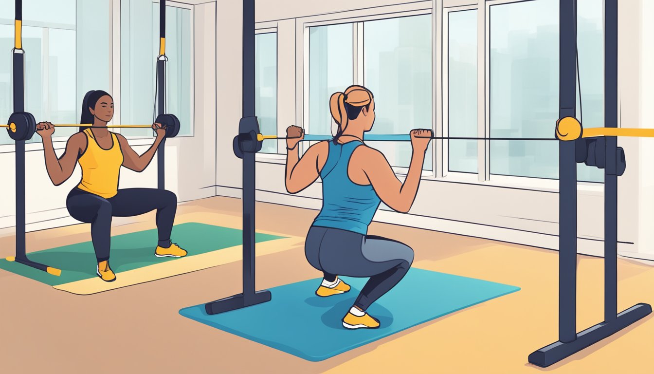 A person using resistance bands in a gym, incorporating them into various exercises like squats, lunges, and arm curls to aid in weight loss and manage diabetes