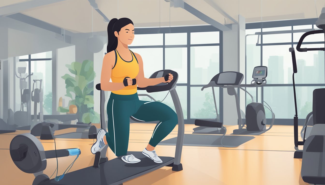 A diabetic individual using resistance bands in a well-lit gym, with a water bottle and glucose monitor nearby