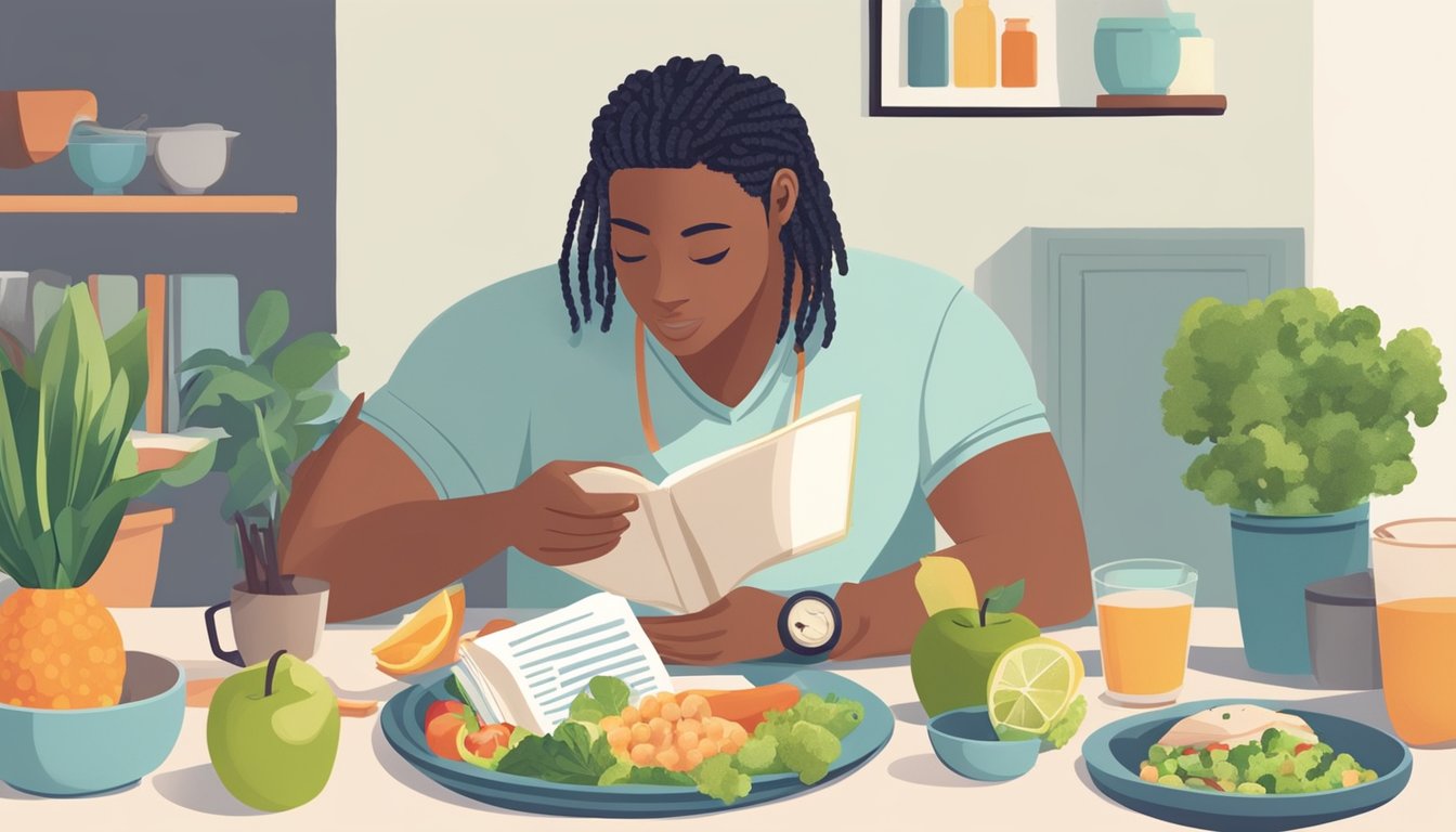 A person reading a book on food sensitivities while sitting at a table with a plate of healthy food and a measuring tape nearby