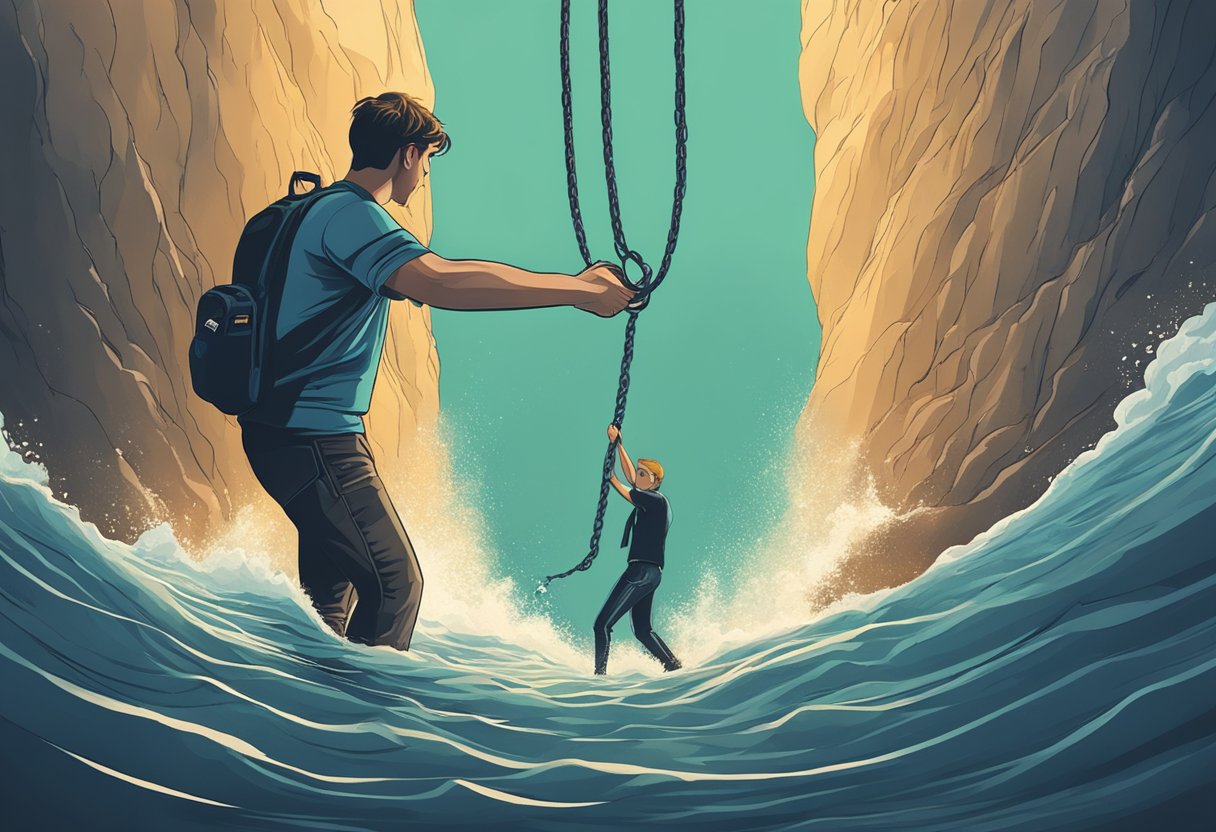 Uma pessoa segurando uma corda de salvamento, estendendo a mão para resgatar um indivíduo em dificuldades preso nas profundezas do vício.