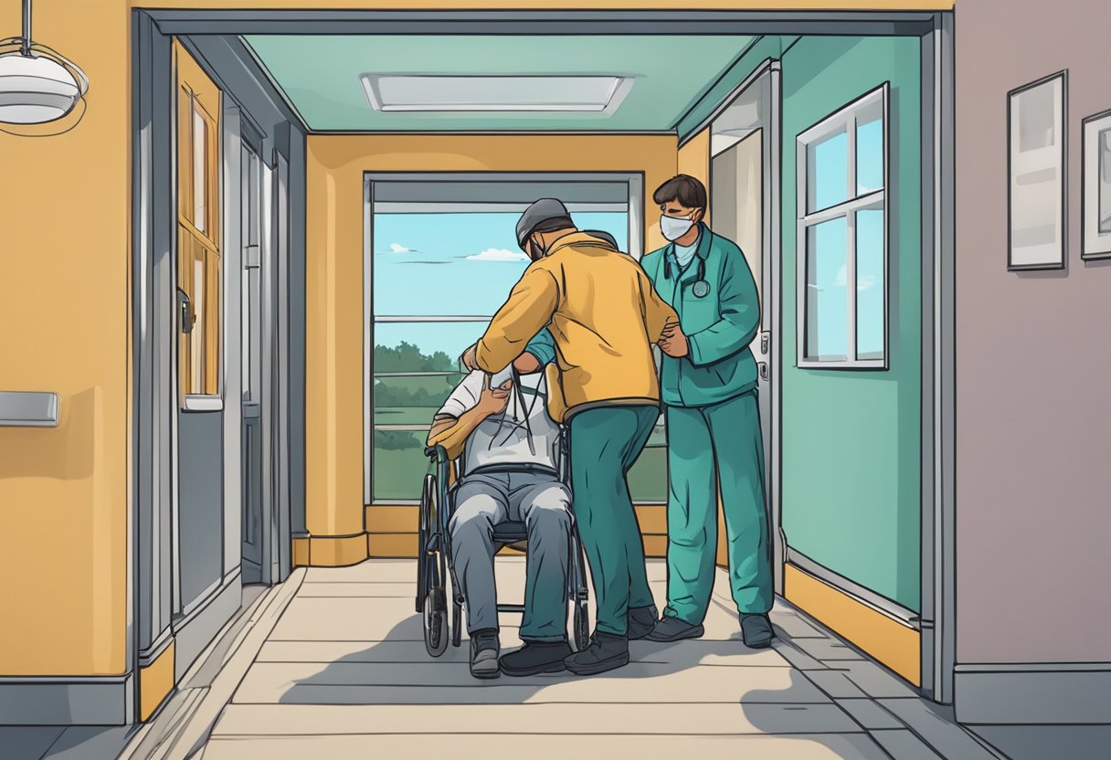 Uma pessoa sendo resgatada da dependência de drogas, com um profissional de saúde fornecendo cuidados e apoio.