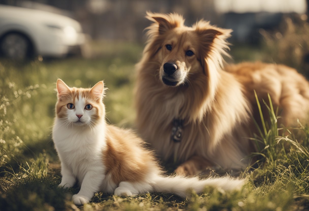 En katt og en hund omgitt av lopper, med parasittene synlige i pelsen deres