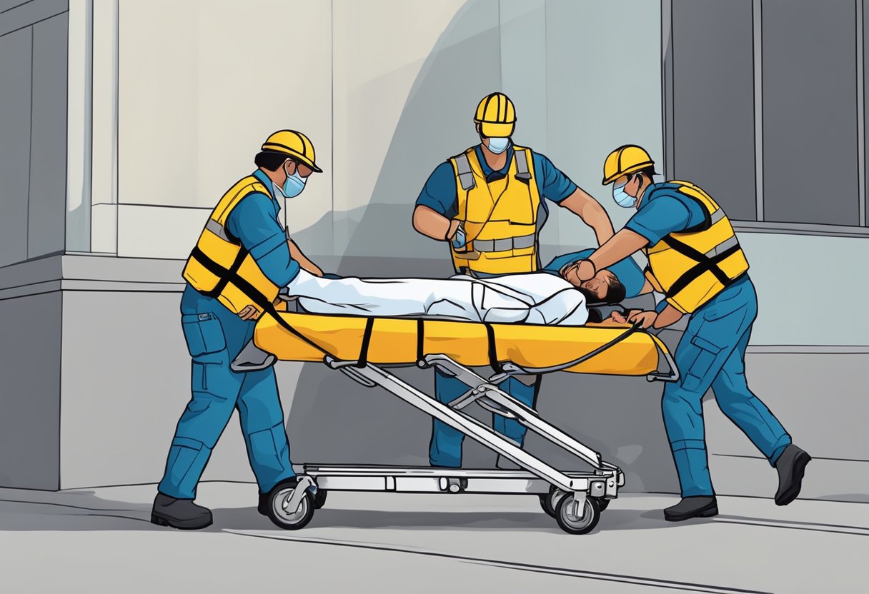 Uma equipe de socorristas levanta cuidadosamente um usuário de drogas dependente em uma maca, preparando-se para transportá-lo para um lugar seguro.