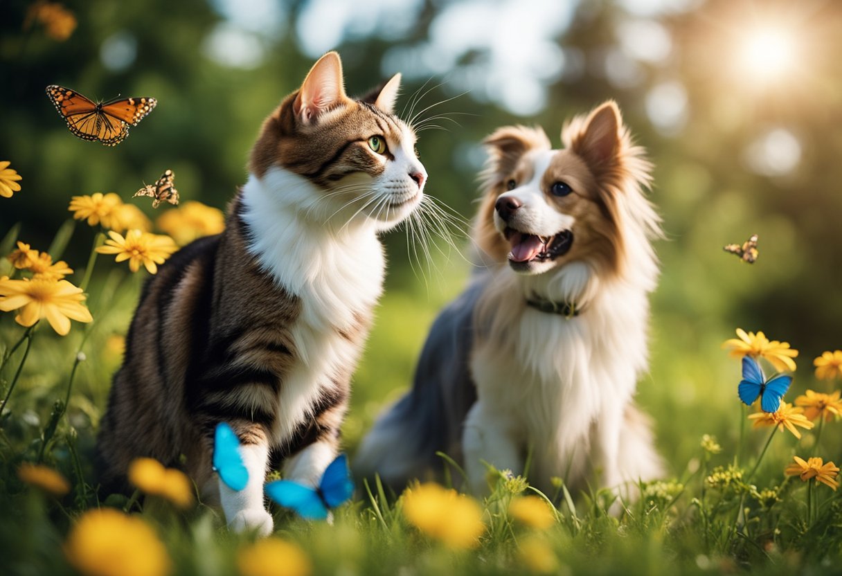 En katt og en hund som leker sammen i en gresskledd bakgård, omgitt av fargerike blomster og sommerfugler