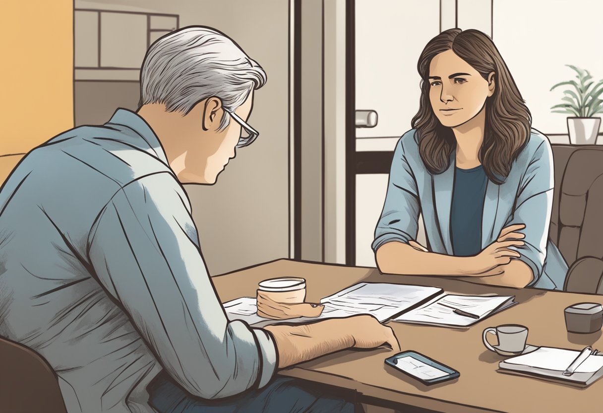 Um conselheiro sentado em frente a um indivíduo angustiado, discutindo opções de tratamento para a recuperação do abuso de substâncias.