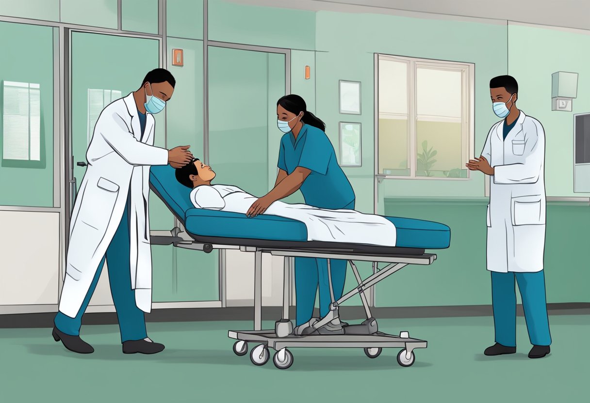 Uma equipe de profissionais realiza uma intervenção segura e respeitosa para transportar um indivíduo dependente de substâncias químicas para uma unidade de tratamento.