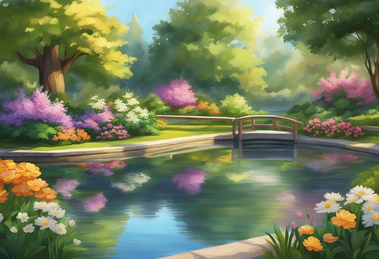 Um jardim sereno com flores florescendo e um lago tranquilo, cercado por árvores e banhado pela luz do sol quente.