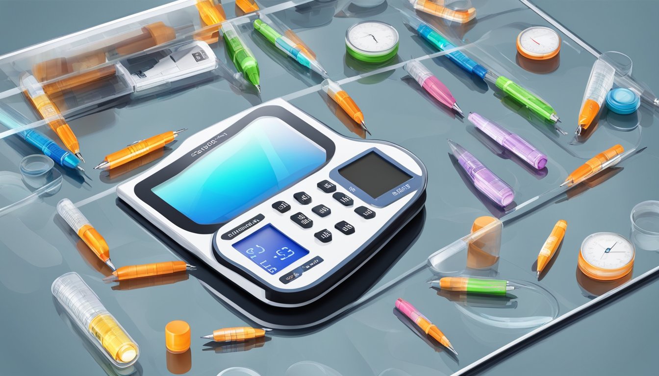 A scale surrounded by scattered glucose monitors and insulin pens, with a distorted reflection in a mirror