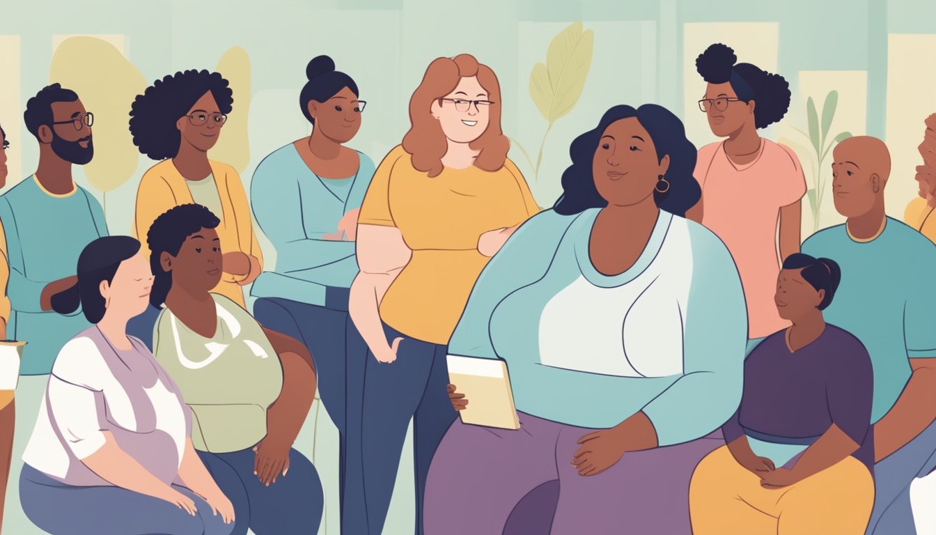 A group of diverse individuals engaging in a conversation about body image and weight loss, with a focus on the impact of social factors and diabetes