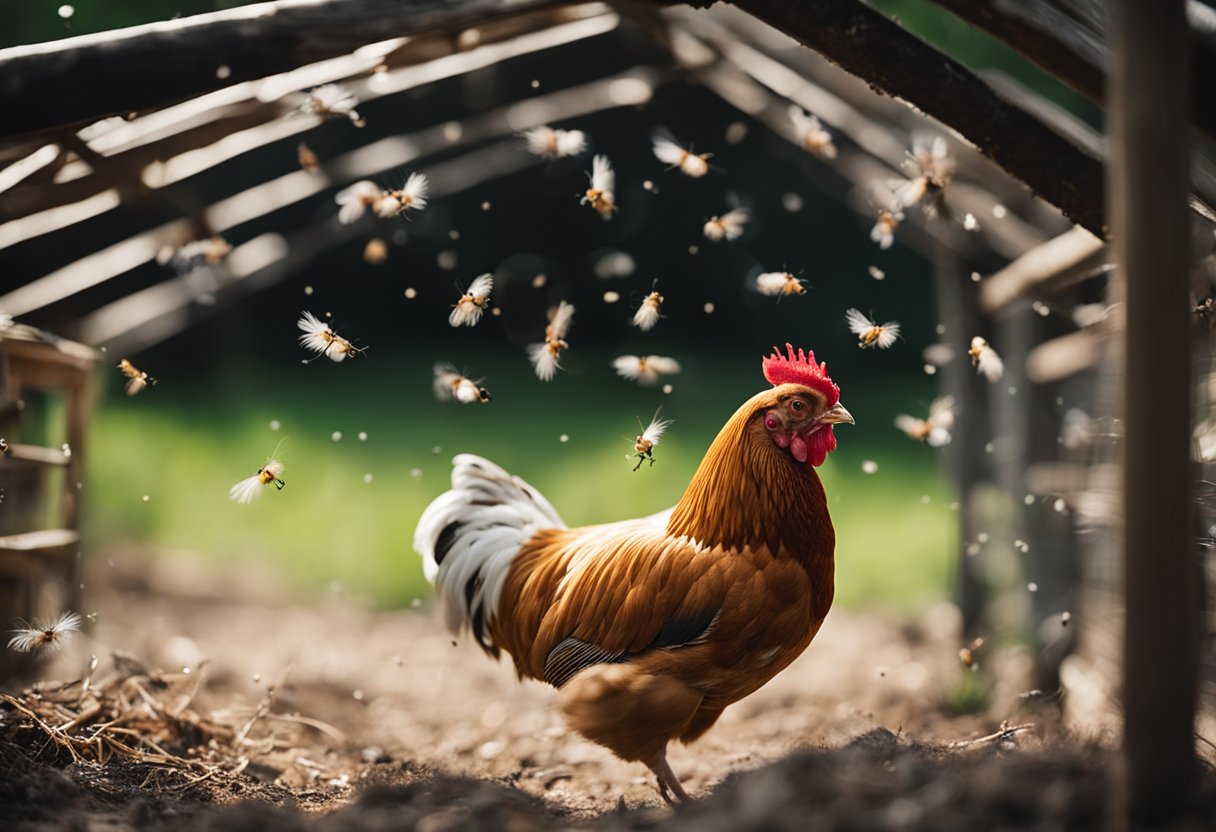 Et nærbilde av et hønsehus med spredte fjær og små insekter som hopper rundt