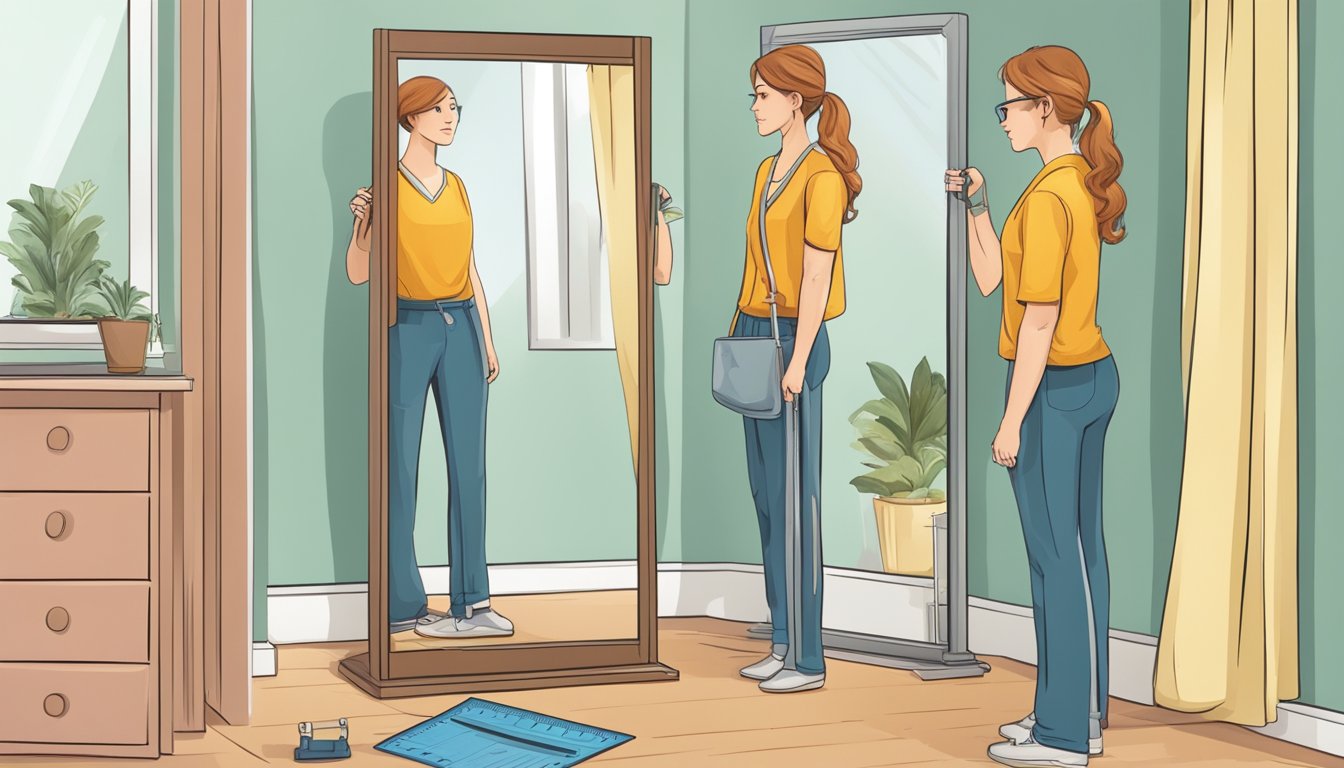 A person measuring themselves in front of a mirror, with a scale and measuring tape nearby