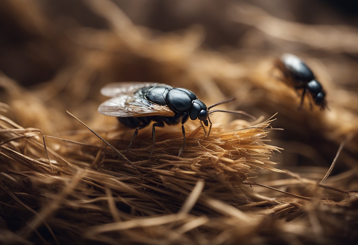 En gruppe fuglelopper (Ceratophyllus gallinae) som kryper på fjær og sitter på et fuglerede i en rustikk låveinnstilling