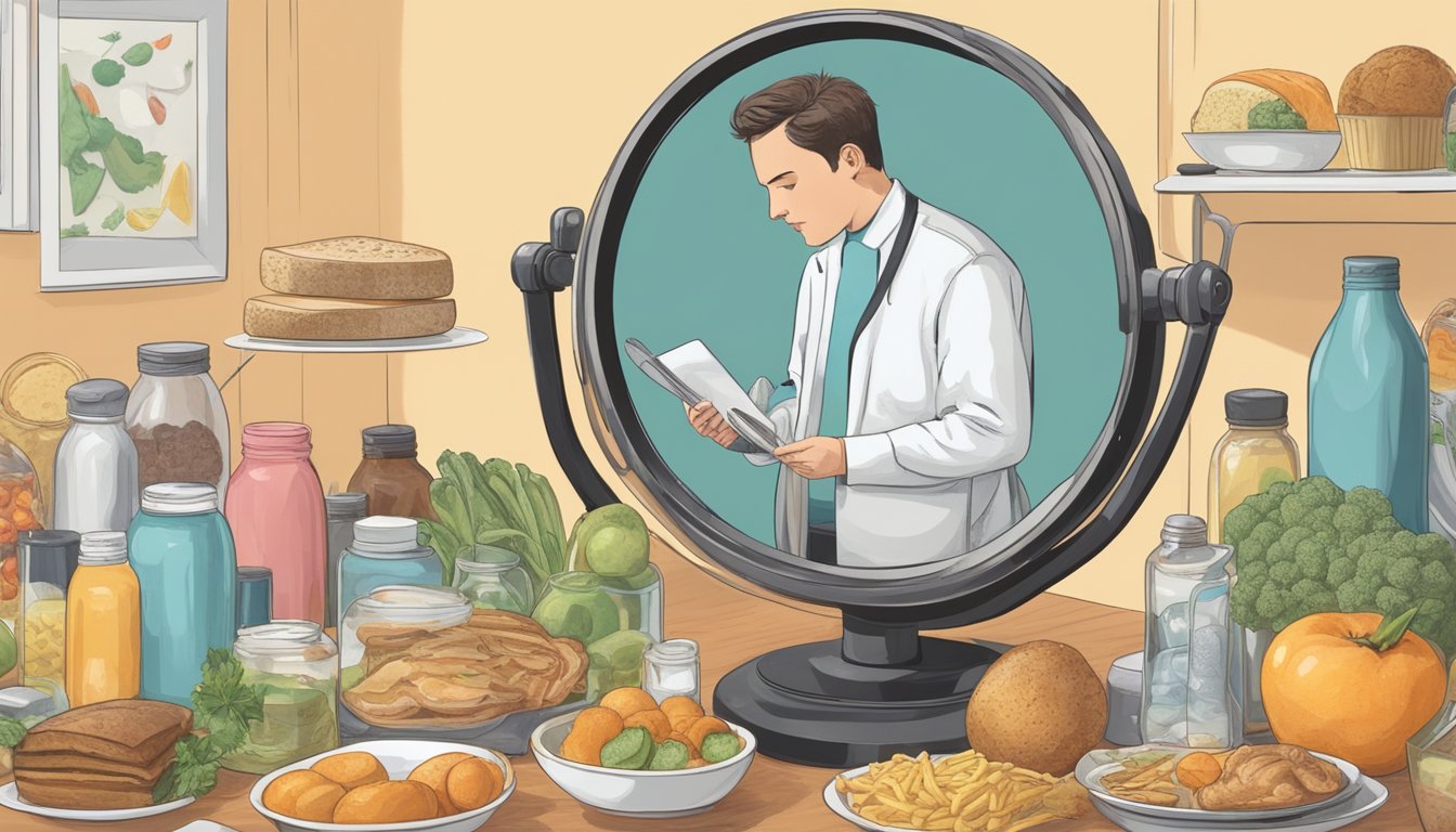 A person standing in front of a mirror, their reflection distorted by a magnifying glass, surrounded by images of food and a scale