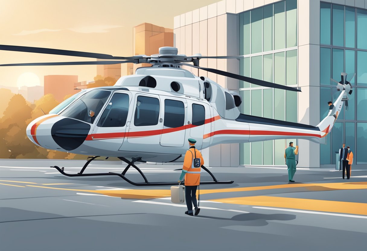 Um helicóptero médico pousando em um heliponto de hospital, com a equipe médica aguardando para transportar um paciente em uma maca.