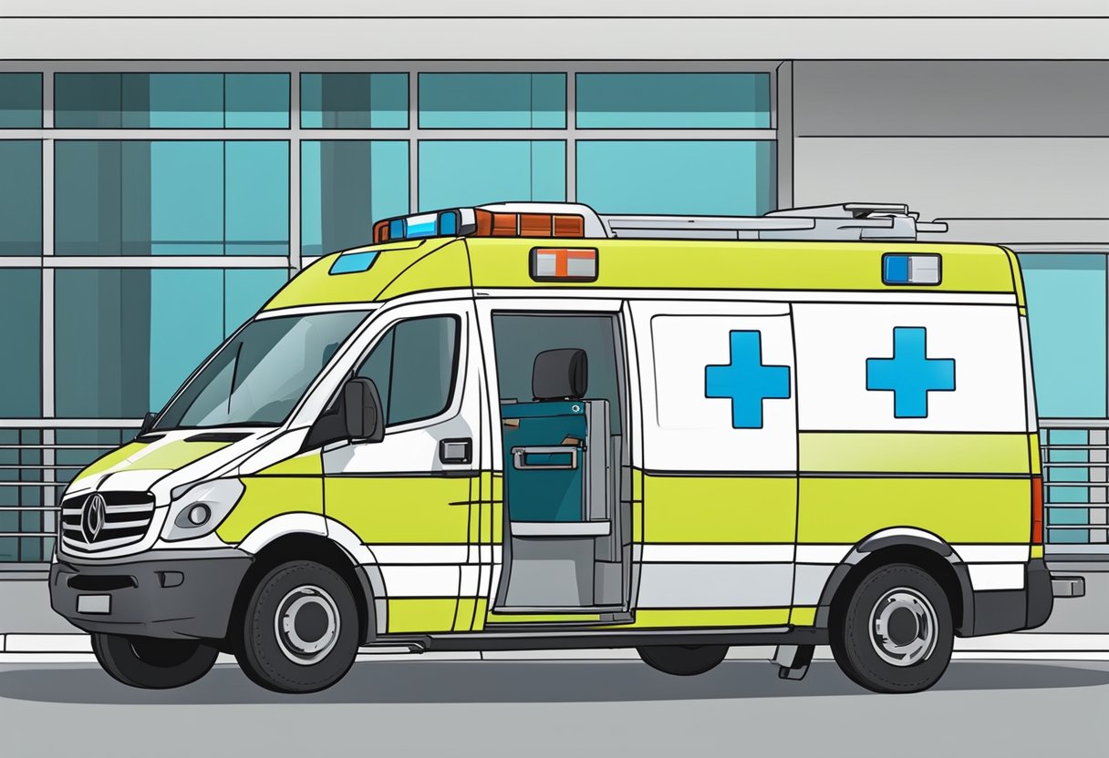 Uma van de transporte médico estacionada do lado de fora de um hospital, com uma maca sendo carregada por dois paramédicos.