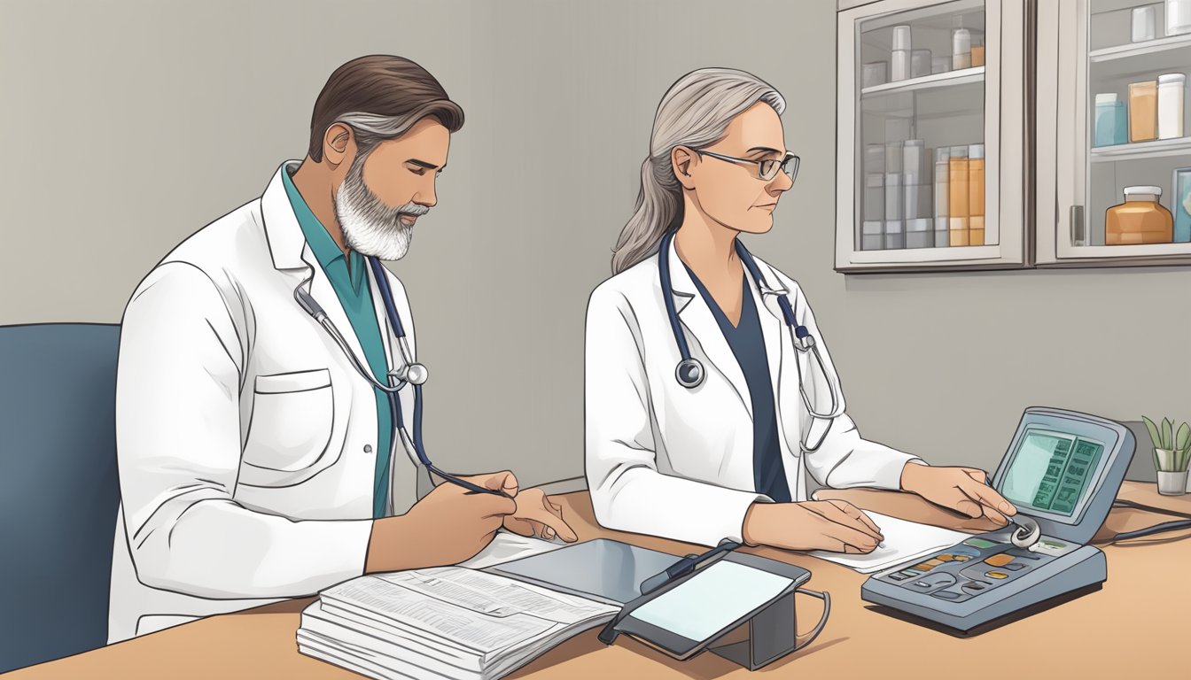 A doctor and a patient discussing weight loss and diabetic neuropathy in a clinical trial research setting