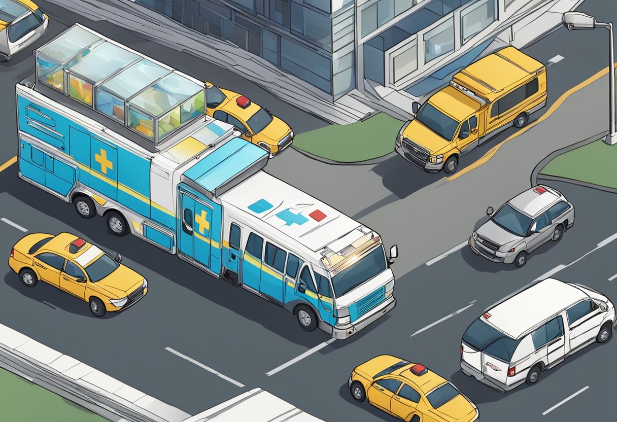 Um veículo de transporte médico navega pelo tráfego, suas luzes piscando enquanto se apressa para levar um paciente ao hospital.