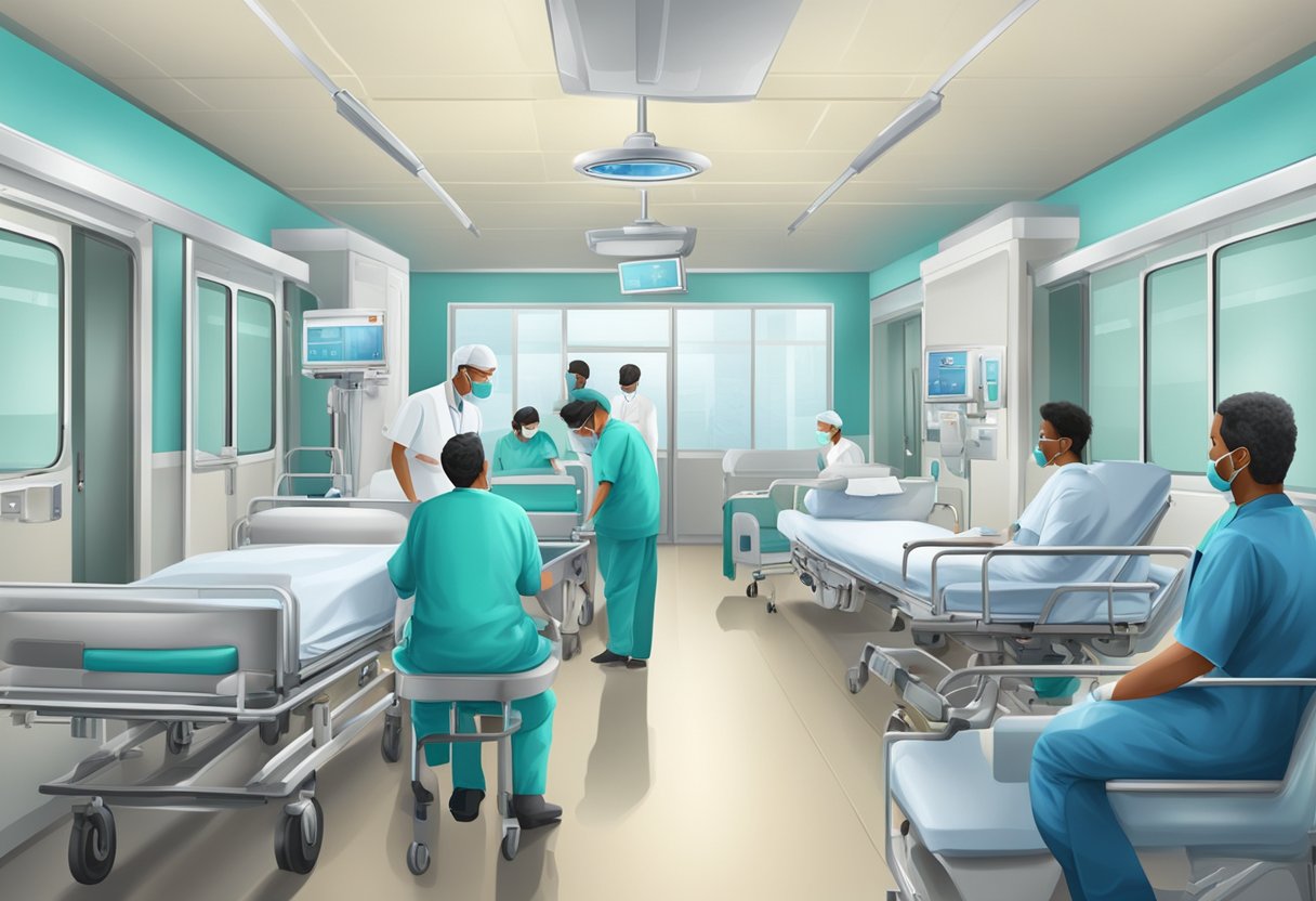 Uma cena de transporte hospitalar com equipamentos médicos e protocolos em uso