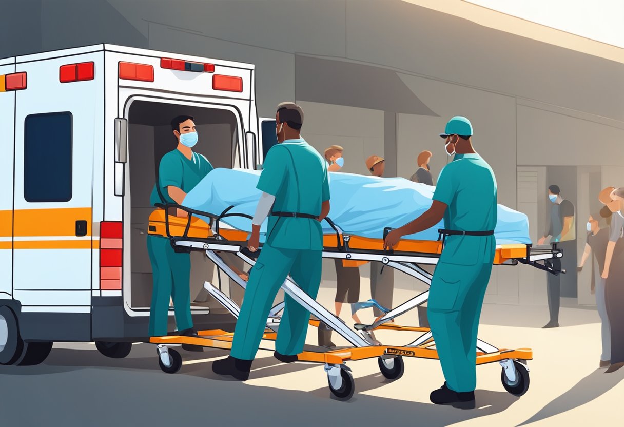Uma equipe de profissionais de saúde colocando um paciente na maca da ambulância
