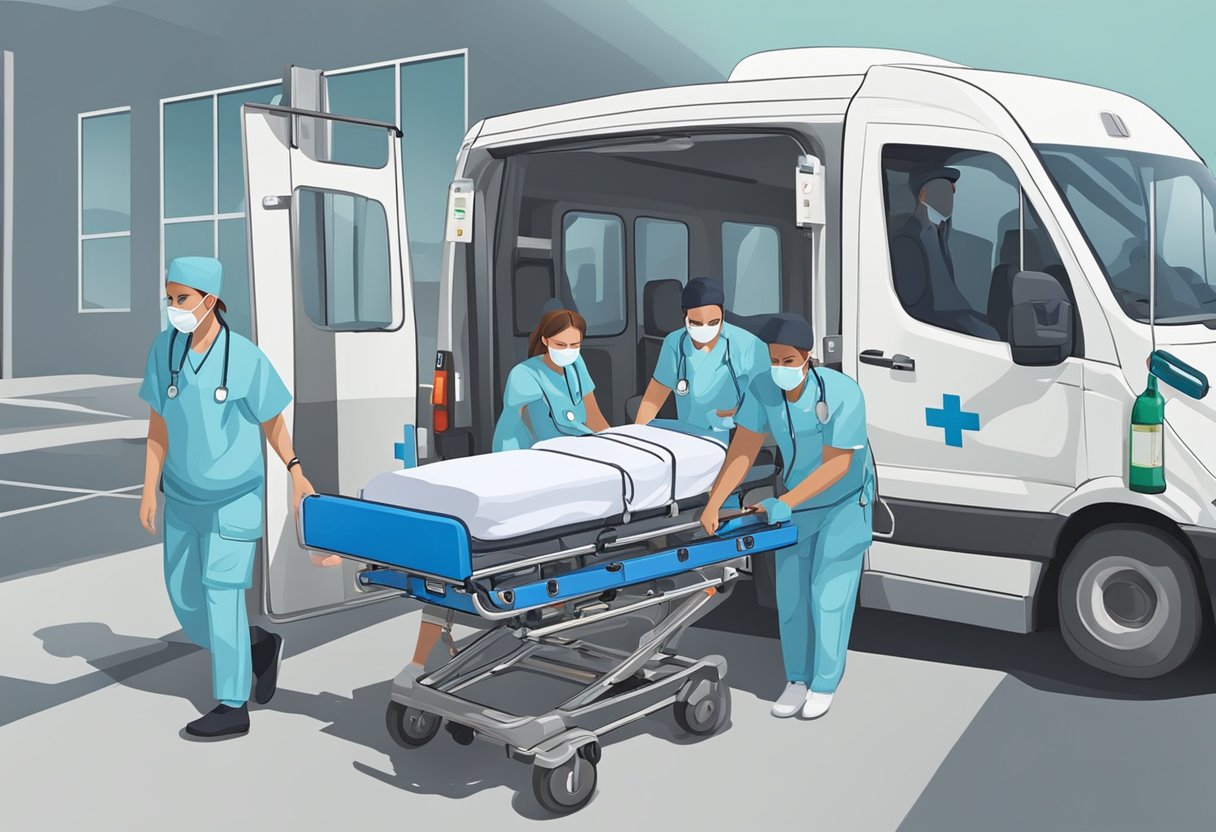 Um veículo de transporte hospitalar com equipamentos médicos e funcionários carregando um paciente em uma maca