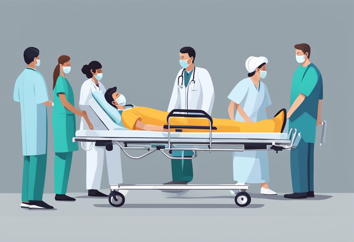 Um paciente sendo transportado em uma maca hospitalar enquanto a equipe médica se comunica e troca informações.