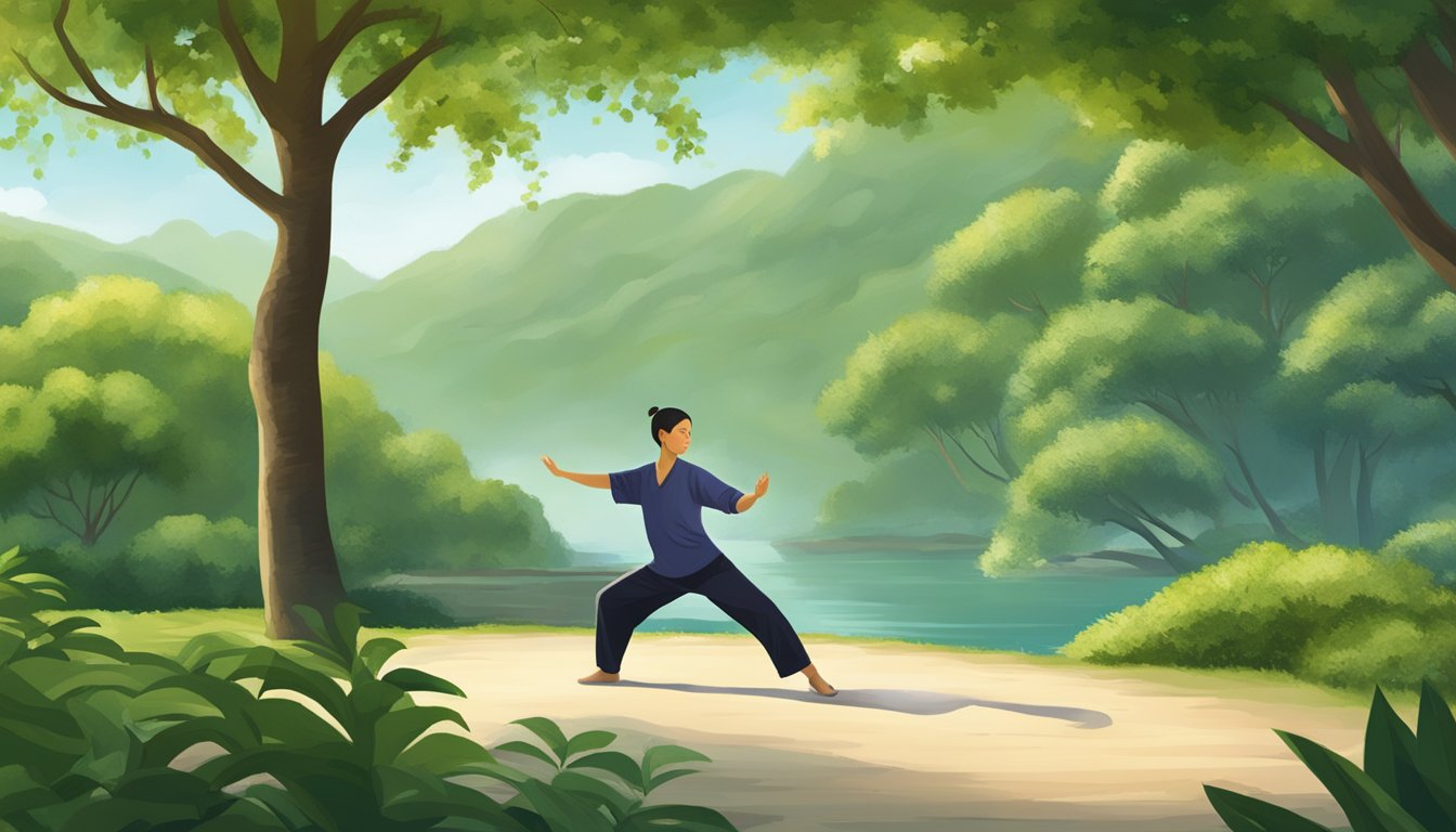 A serene outdoor setting with a person practicing Tai Chi, surrounded by lush greenery and a peaceful atmosphere