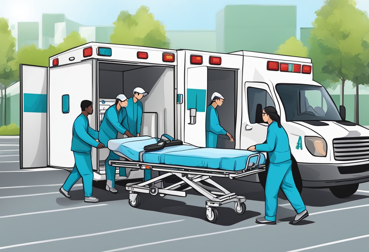 Uma cama de hospital sendo carregada em uma ambulância, com equipamentos médicos e pessoal nas proximidades para transporte de pacientes e análise de desempenho.