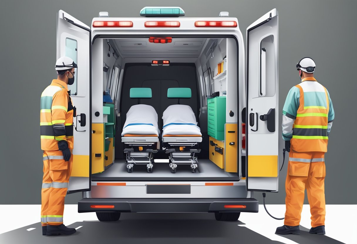 Uma ambulância moderna com equipamentos médicos e uma equipe de paramédicos pronta para transportar pacientes de forma segura e eficiente.