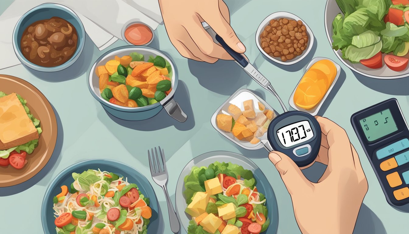 A diabetic person carefully measuring out portions of food, surrounded by a variety of healthy meal options and a glucose monitor on the table