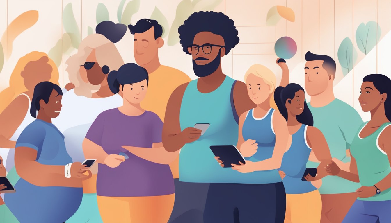 A group of diverse individuals engaging in physical activity while using social media to track their weight loss and diabetes management journeys