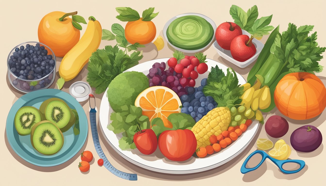 A colorful plate of seasonal fruits and vegetables surrounded by measuring cups and a scale. A chart showing blood sugar levels and weight fluctuations throughout the year