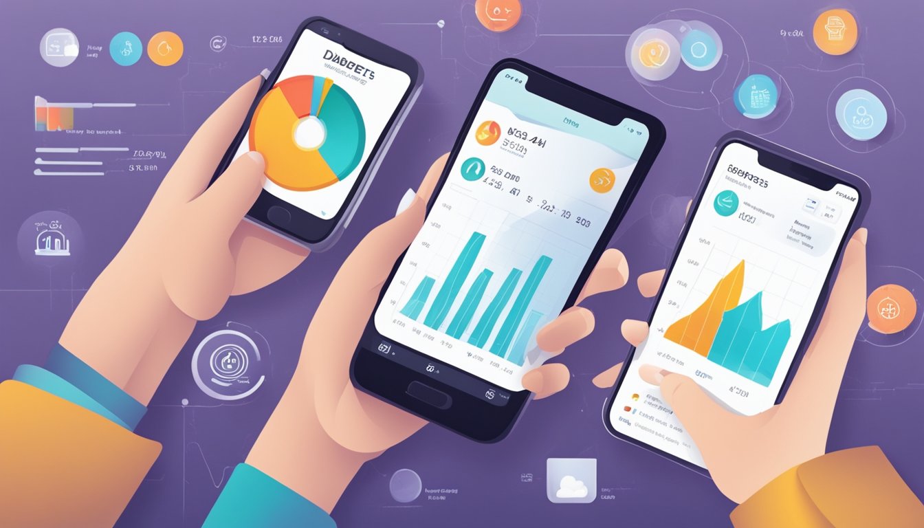 A person using a smartphone to track their diabetes and weight loss progress through social media. Graphs and charts display their data