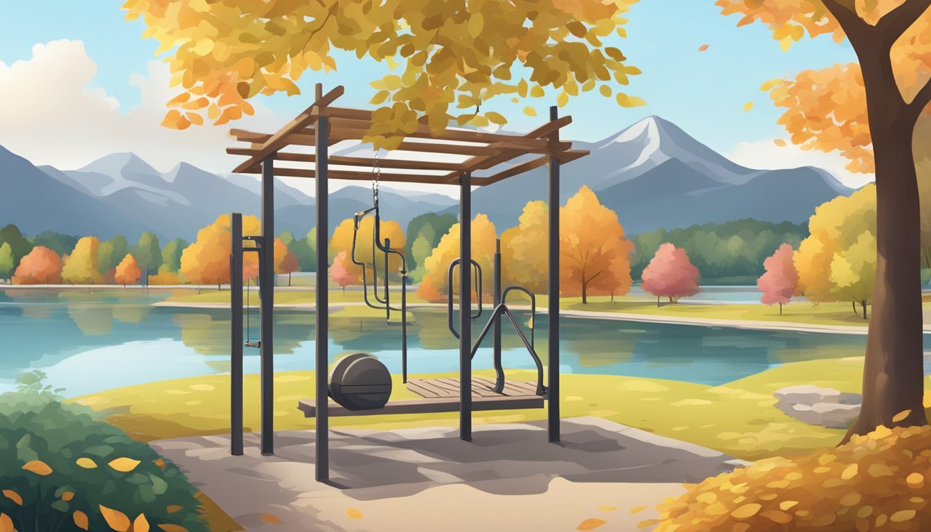 A serene park with changing leaves and a variety of outdoor exercise equipment, surrounded by a calm lake and distant mountains