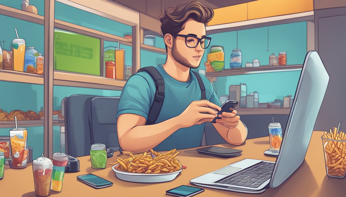 A person scrolling through social media, surrounded by tempting fast food and sugary drinks, while a diabetes monitor beeps in the background