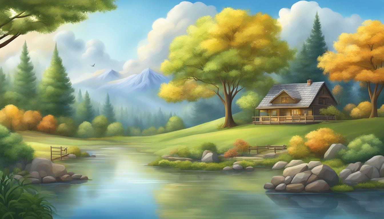 A serene landscape with changing seasons, depicting a variety of weather conditions and natural elements such as trees, plants, and wildlife