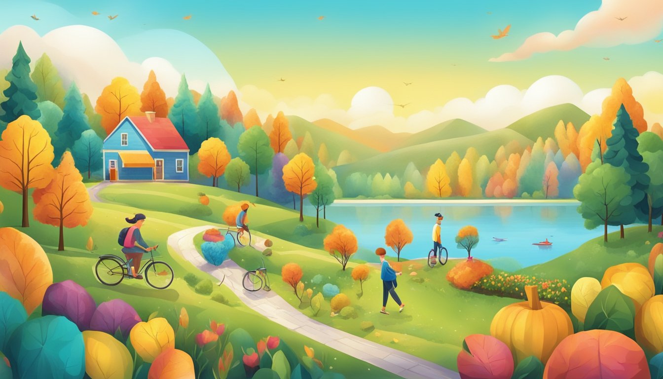 A colorful illustration of changing seasons with a focus on healthy foods and outdoor activities