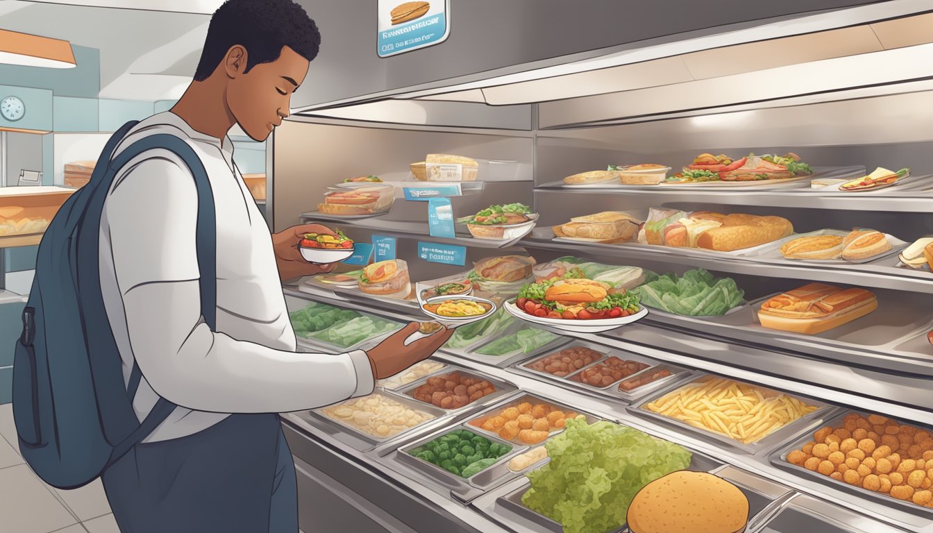 A person with diabetes carefully selecting from a variety of fast food options, with nutrition information displayed and healthy choices highlighted