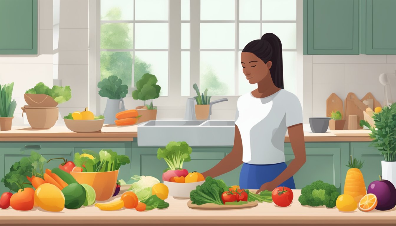 A person preparing a healthy meal with fresh fruits and vegetables, while also engaging in physical activity such as walking or yoga